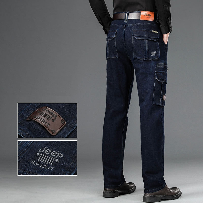 Winter Autumn Men Thicken Multi-Pocket Outdoor Cargo Denim Pant