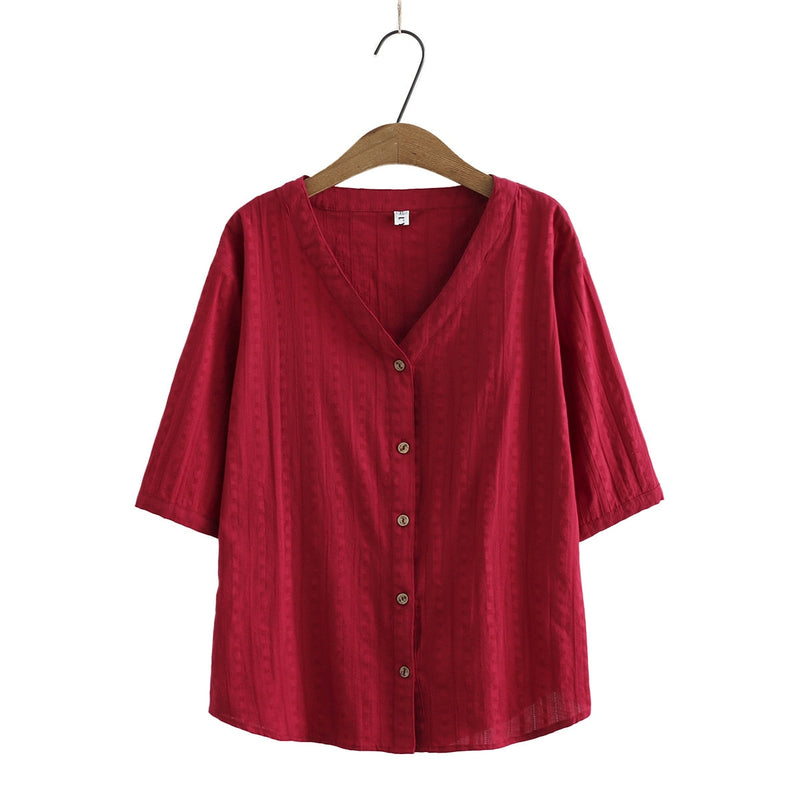 Summer Women Shirt Tops Female Clothes Jacquard V Neck Half Sleeve Blouses Casual