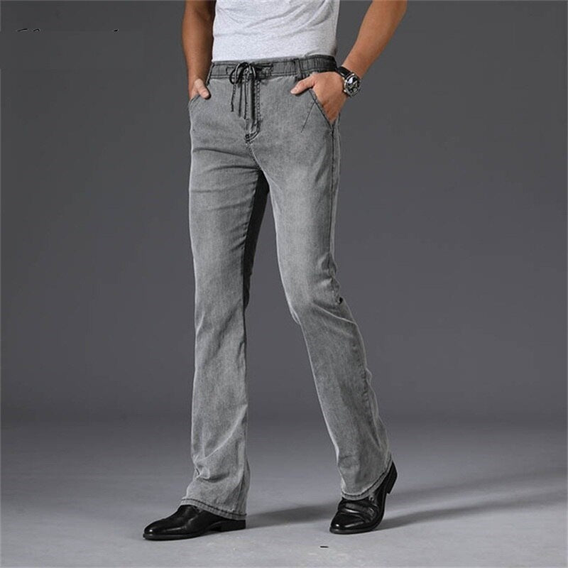 Mens Summer Style Micro-Flare Jeans Thin Elastic Waist Casual Pants