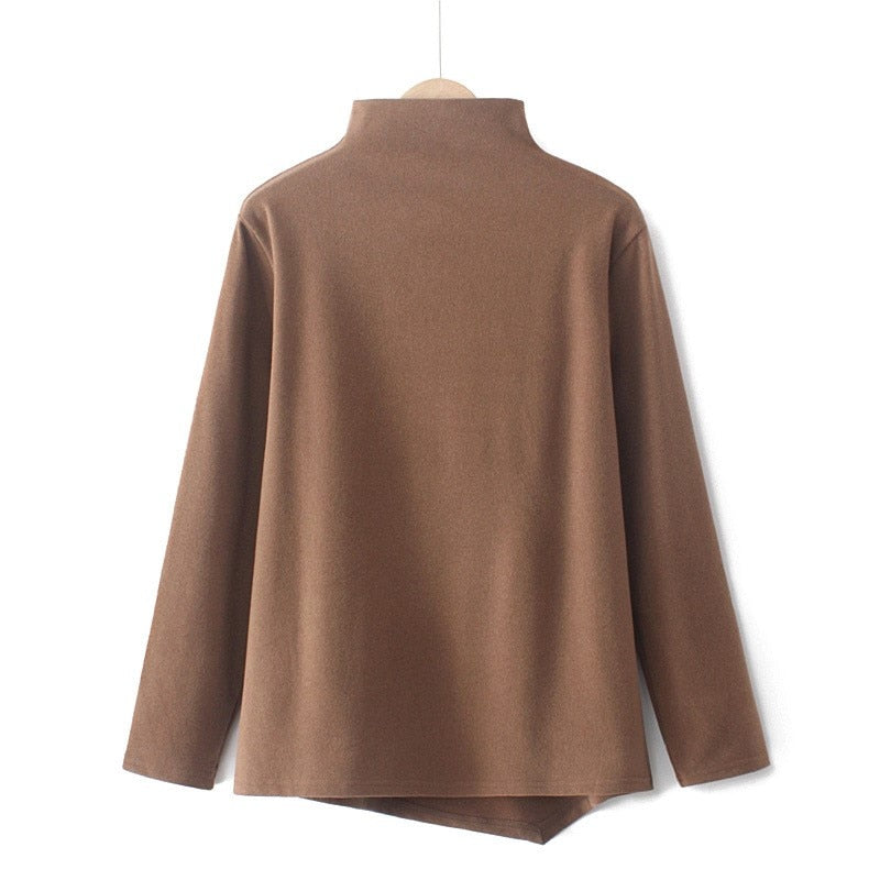 Women Clothing T-Shirts Autumn Winter Mock Neck Asymmetrical Length Keep Warm Thick Elastic Tops