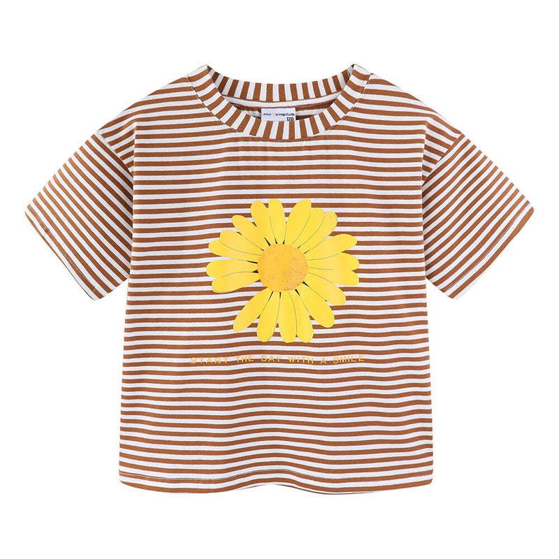 Girls Clothes Daisy Flower Striped Drop Shoulder T-shirts for Girls Clothing Short Sleeve Tops Kids T-Shirt Summer