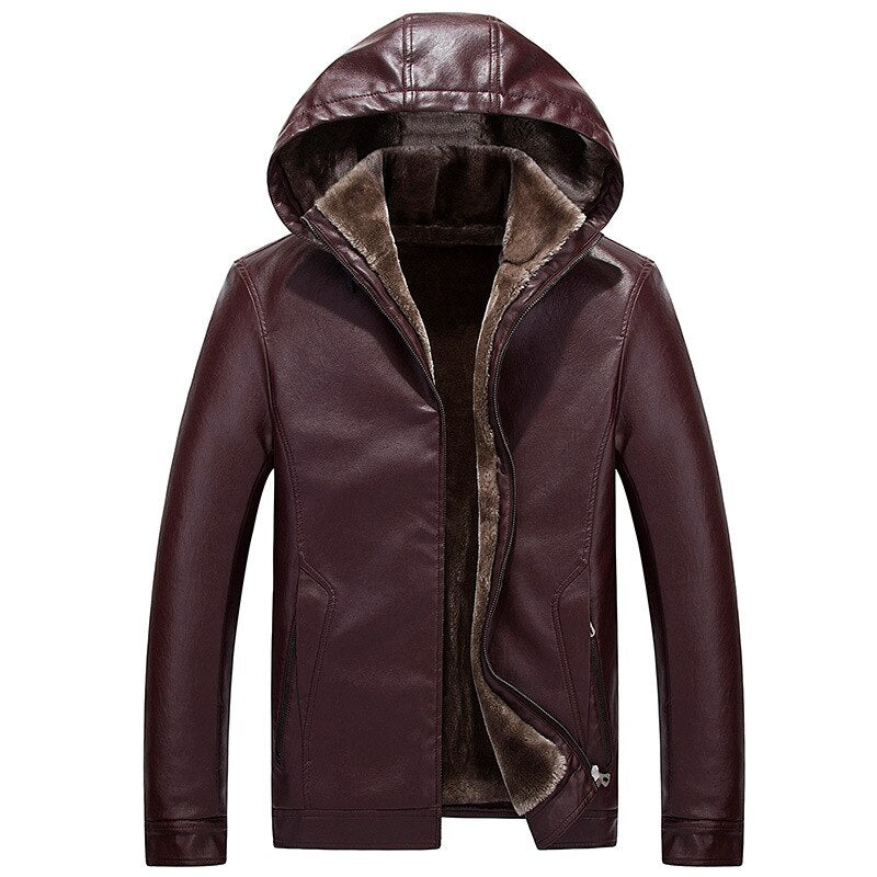 Winter Men Leather Removable Hooded Jackets Warm Fleece Thicken Windproof Slim Zipper Fly Male Biker Coats