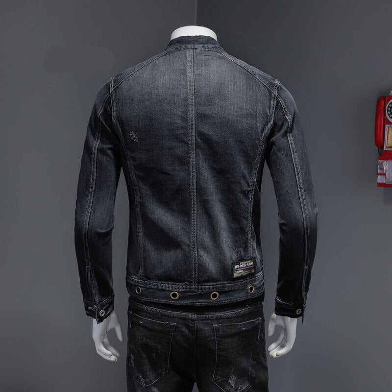 European Stand Collar Bomber Pilot Black Denim Jacket Men Jeans Coats Slim Motorcycle Casual Outwear Clothing Overcoat