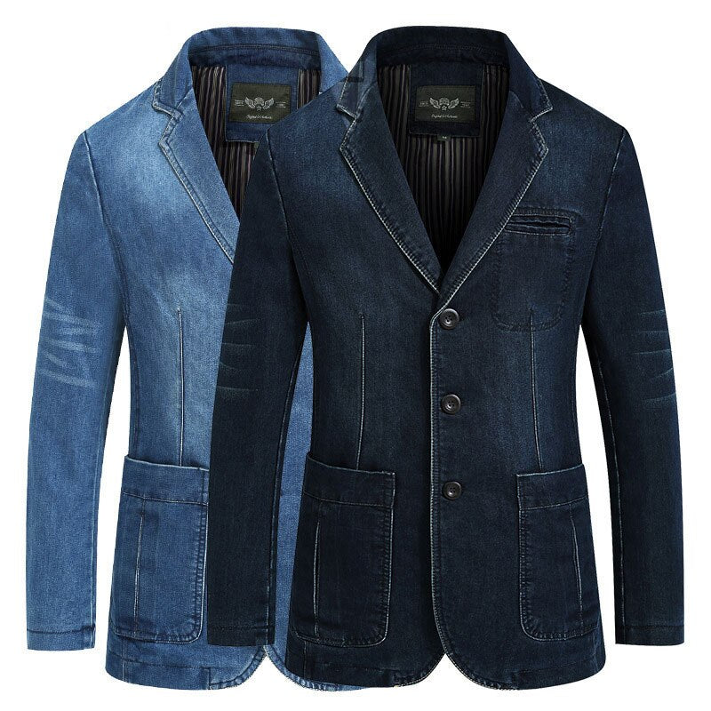 Autumn Blazer Denim Jacket Men Suit Jeans Coat Cotton Vintage Blue Classic Slim Fat Casual Clothing Overcoat