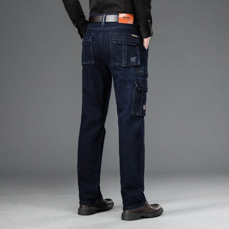 Winter Autumn Men Thicken Multi-Pocket Outdoor Cargo Denim Pant