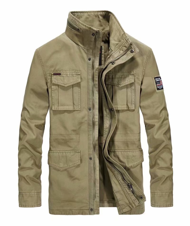 Cotton Denim Jackets Men Long Stand Collar Multi-pocket Casual Coat Military Men's Windbreakers Jacket