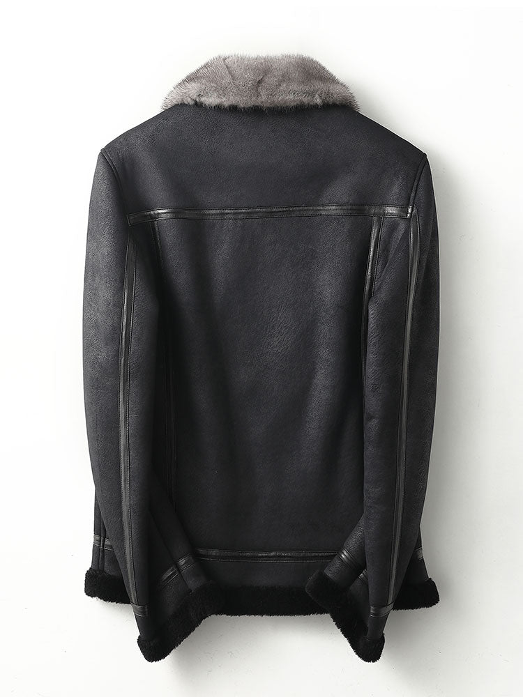 Genuine Leather Clothes Shearling Jacket Mens Mink Collar