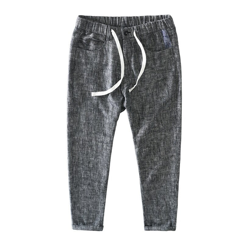 Men Linen Trousers Natural Fabric Skin-Friendly Breathable Casual Simple Loose Zipper Fly Tie Feet Ankle-Length Pants