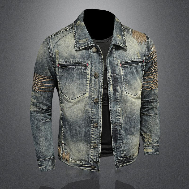 Retro Jeans Jacket Men Denim Coat Autumn Bomber Motorcycle Casual Lapel Long Sleeve Embroidery Slim Clothing