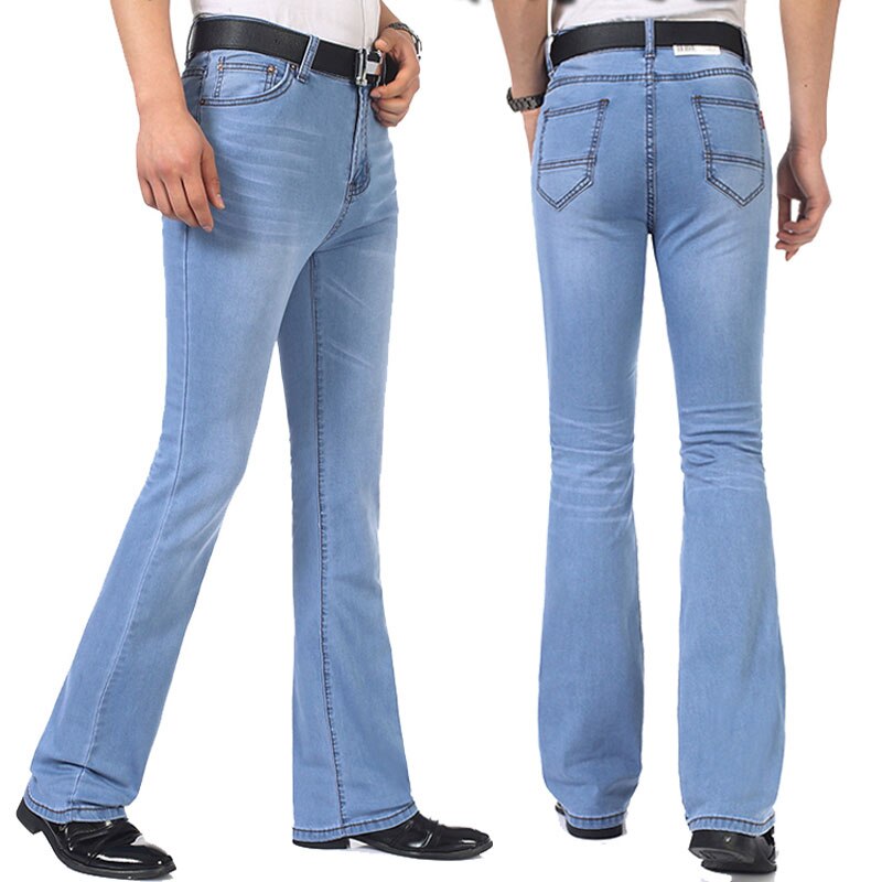 Men Jeans Trousers Mid Waist Elastic Slim Boot Cut Semi-Flared Bell White Leisure Bottom Denim Pants Casual Full Length Light