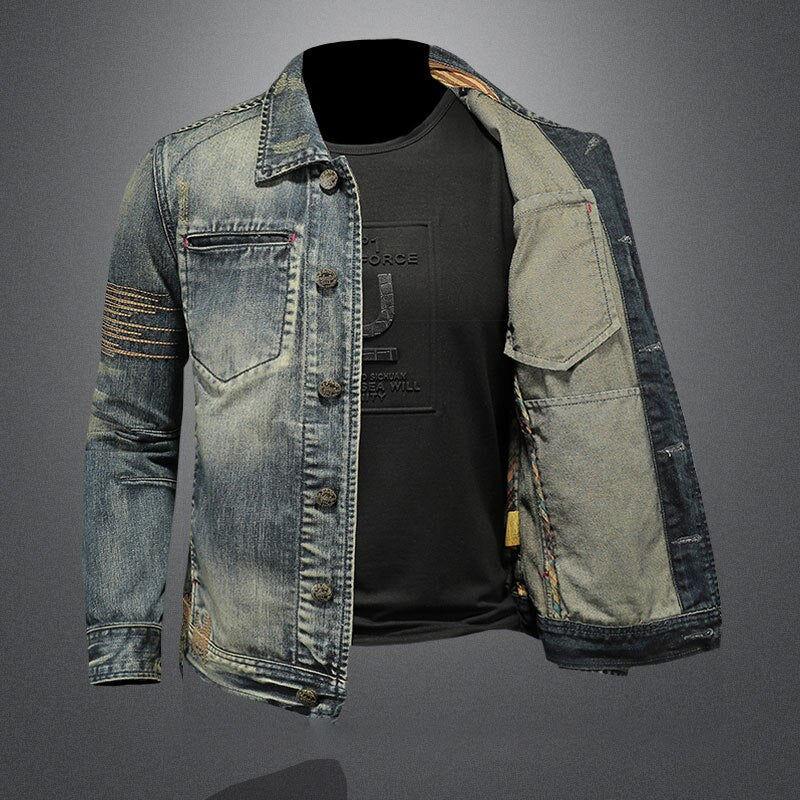 Retro Jeans Jacket Men Denim Coat Autumn Bomber Motorcycle Casual Lapel Long Sleeve Embroidery Slim Clothing