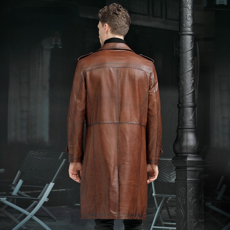 Mens Long Windbreaker Leather Jacket Men Brown over-the-Knee Single-Breasted Overcoat