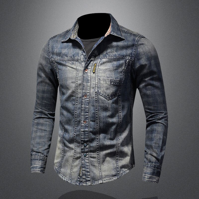 Retro Jeans Shirt Men Denim Shirts Slim Long Sleeve Stand Collar Plaid Printing Motorcycle Streetwear Leisure Thin Coat