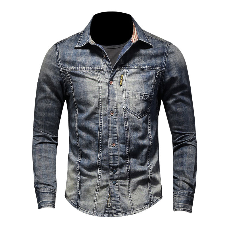 Retro Jeans Shirt Men Denim Shirts Slim Long Sleeve Stand Collar Plaid Printing Motorcycle Streetwear Leisure Thin Coat