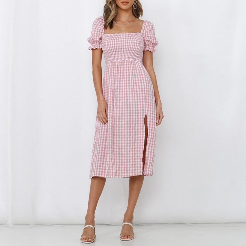 Dress Women Summer Square Neck Short Puff Sleeve Shirred Casual Plaid Dress Midi Dress With Slit Dresses For Women Sundress