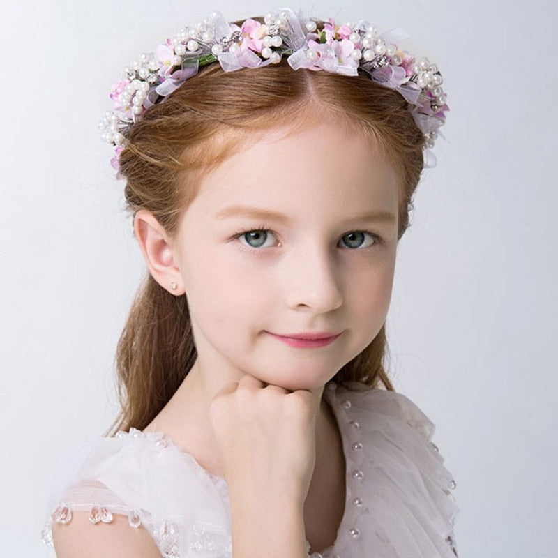 Children Wreath Girl Princess Headband Kids Tiara Decoration Bride Bridesmaid Wedding Dress Accessories Flowers Pearls Headdress