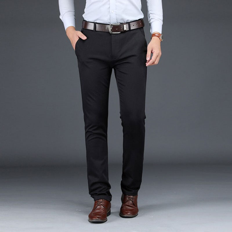 Men Suit Pants Straight Stretch Solid Silk Long Dress Baggy Comfortable Meeting Office Black Blue Trousers