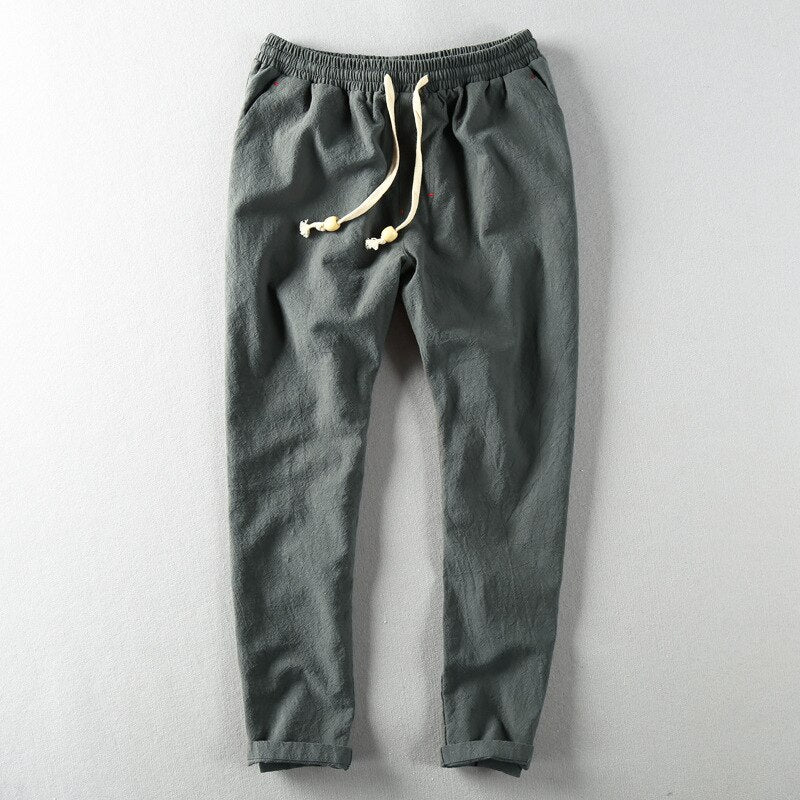 Men Linen Pants Casual Style Simple Sport Jogger Slim-Fit Thin Drawstring Stretch Waist Straight Ankle-Length Trouser