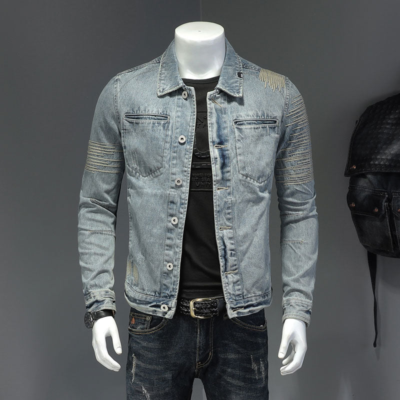 Spring Jeans Jacket Men Denim Coat Lapel Long Sleeve Bomber Motorcycle Retro Embroidery Slim Streetwear Outwear Clothing