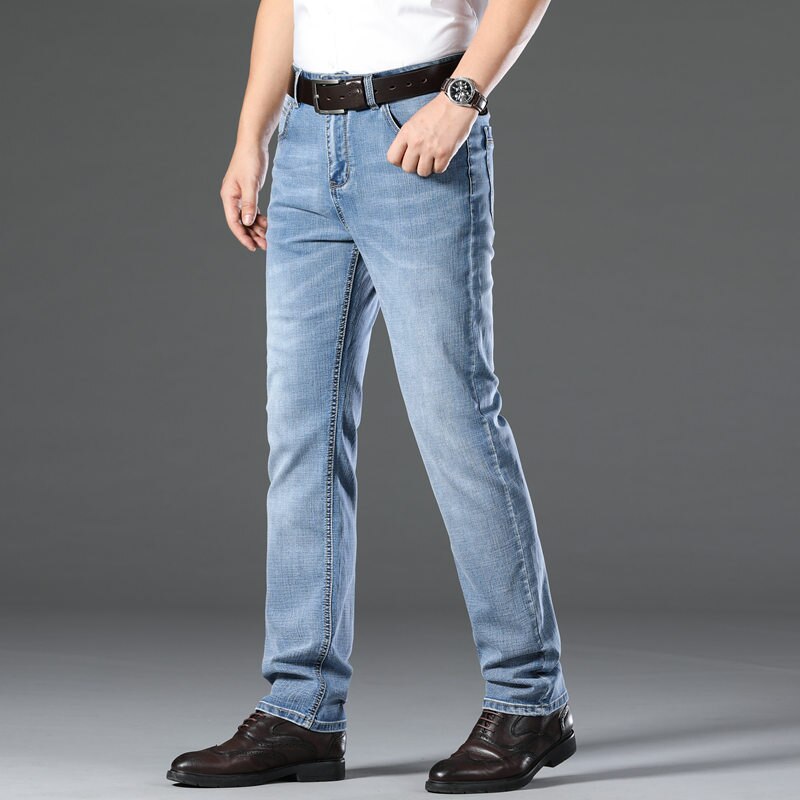 Men Thin High waist Jeans cotton Stretch Straight Denim pants Classic Straight pants