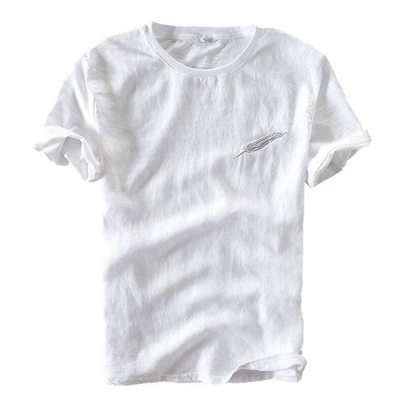 Men Summer Linen Feather Embroidery Solid Minimalism Short Sleeve T-shirt Male Casual T-shirts