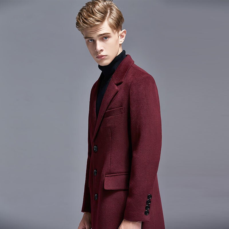 Autumn Winter Casual England Slim Single-Breasted Men Suit Collar Woolen Trench Coat Middle Long Mens Jackets and Coats