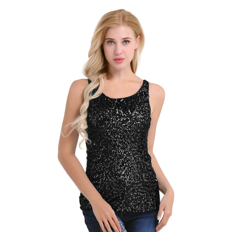 Women Shine Glitter Sequin Tank Tops Embellished Sleeveless Vest Style Clothing for Cocktail Party Clubwear