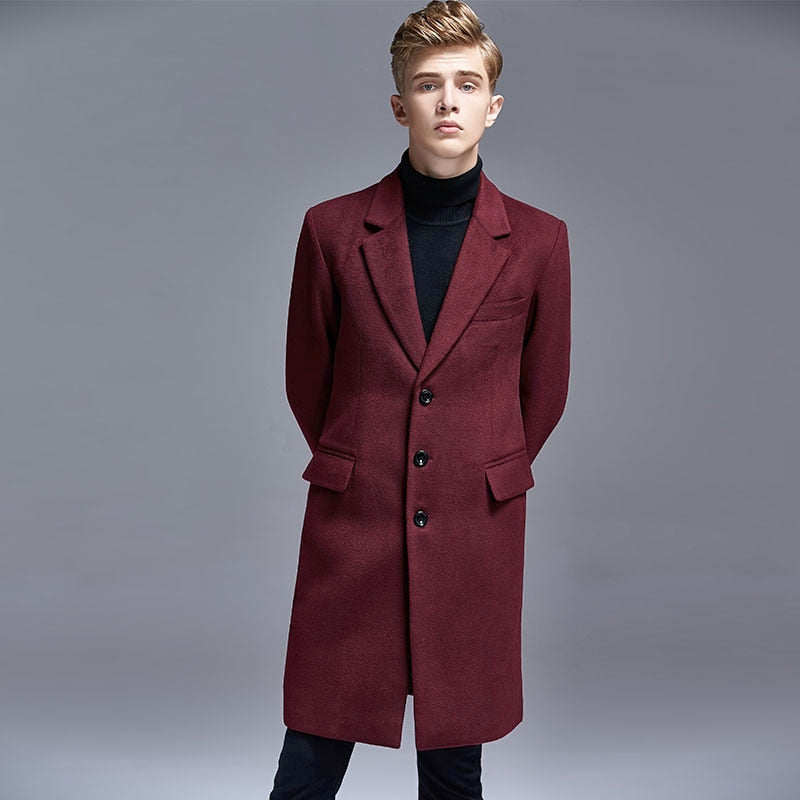 Autumn Winter Casual England Slim Single-Breasted Men Suit Collar Woolen Trench Coat Middle Long Mens Jackets and Coats