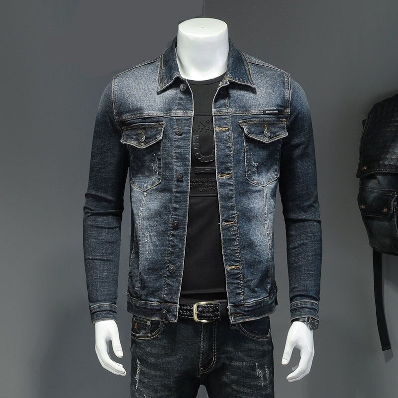 Spring Denim Jacket Men Jeans Coat Cotton Elasticity Turndown Collar Long Sleeve Slim Clothes Gray Blue Bomber