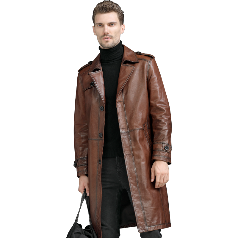 Mens Long Windbreaker Leather Jacket Men Brown over-the-Knee Single-Breasted Overcoat