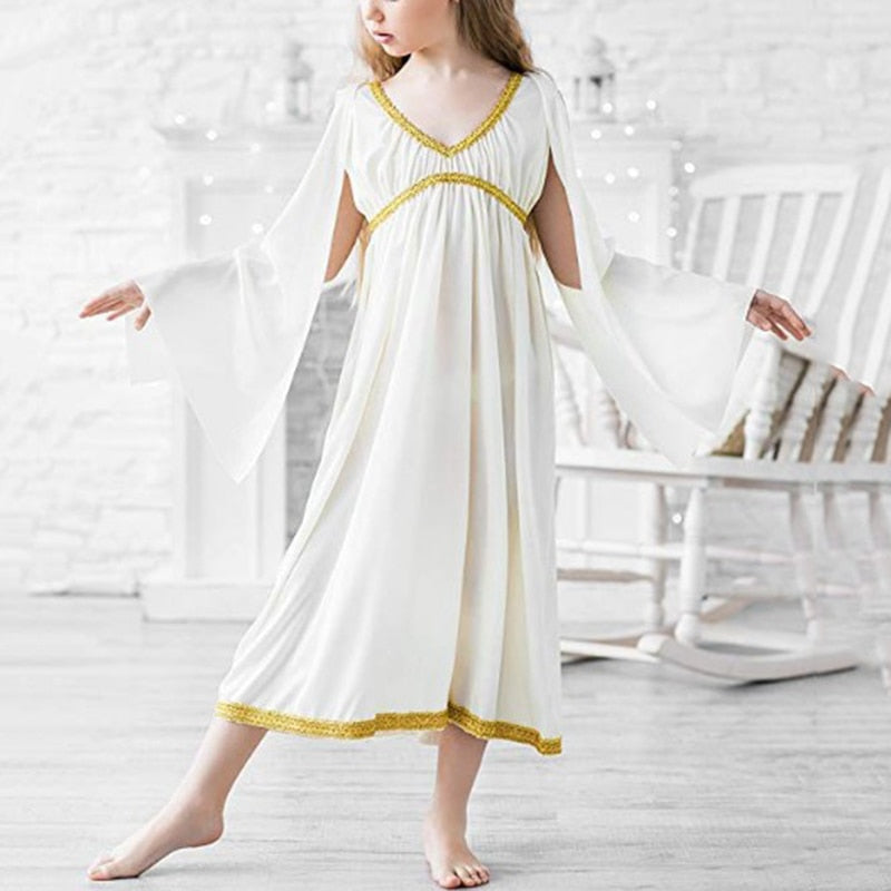 Girls V-neckline Gold Trim Greek Princess Church Celebration Praise Dance Costume Cosplay Party Dress Up Kids Role Play Dress