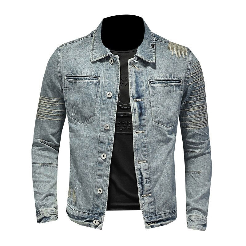 Spring Jeans Jacket Men Denim Coat Lapel Long Sleeve Bomber Motorcycle Retro Embroidery Slim Streetwear Outwear Clothing