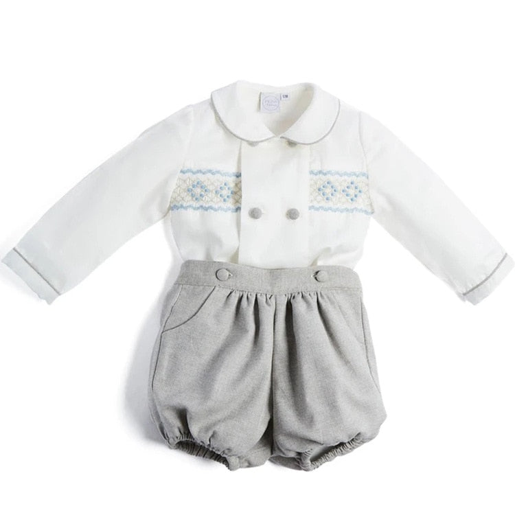 Spanish Baby Boys Clothes Set Children Hand Made Smocked White Shirts Peter Pan Collar Shorts Toddler Smocking Outfits