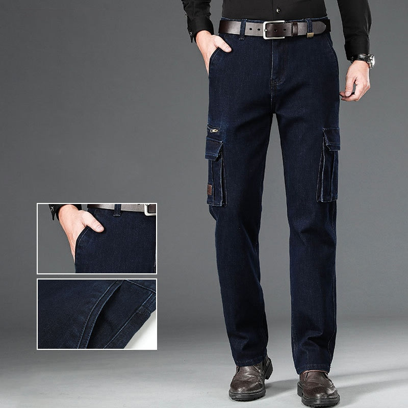 Winter Autumn Men Thicken Multi-Pocket Outdoor Cargo Denim Pant