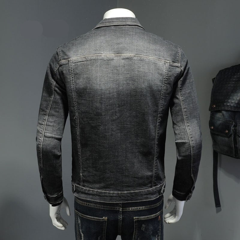 Spring Denim Jacket Men Jeans Coat Cotton Elasticity Turndown Collar Long Sleeve Slim Clothes Gray Blue Bomber