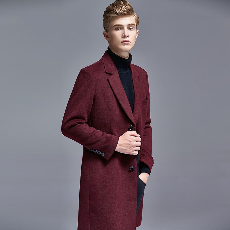 Autumn Winter Casual England Slim Single-Breasted Men Suit Collar Woolen Trench Coat Middle Long Mens Jackets and Coats