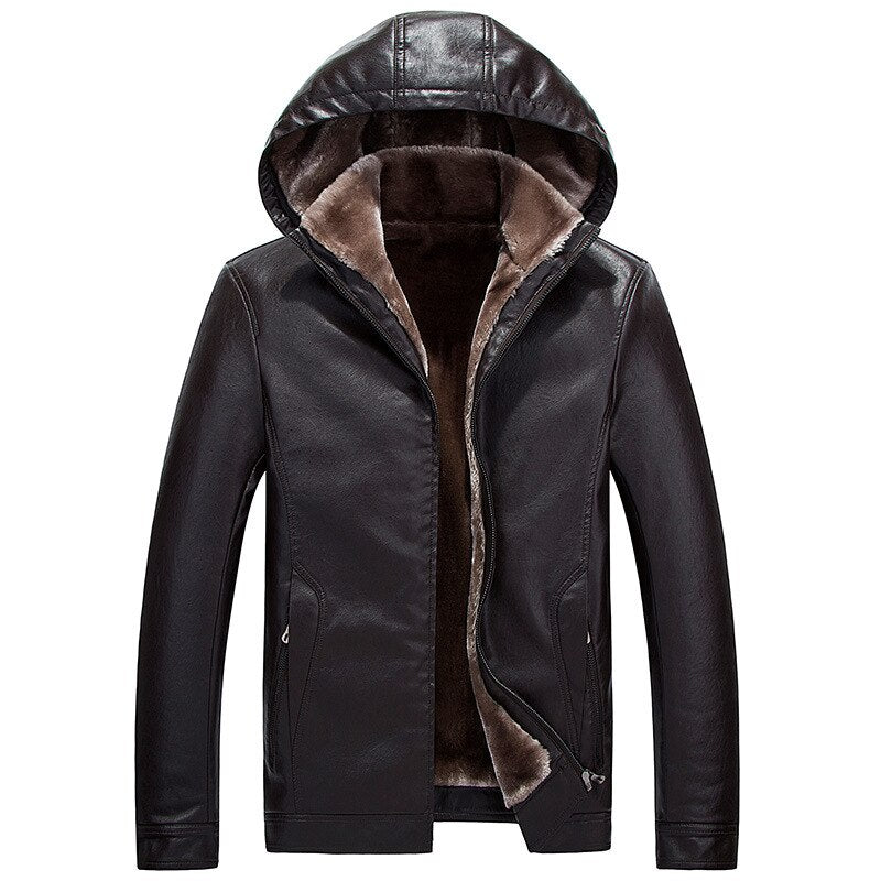 Winter Men Leather Removable Hooded Jackets Warm Fleece Thicken Windproof Slim Zipper Fly Male Biker Coats