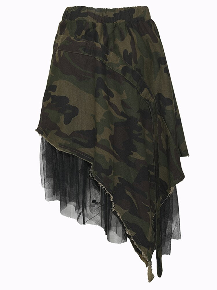 High Elastic Waist Army Green Mesh Irregular Long Half-body Skirt Women Tide Spring Autumn