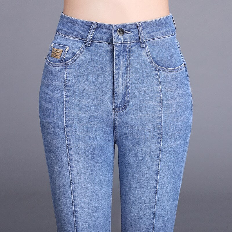 Women Summer New Front Slit Micro-Flare Jeans Are Tall And Thin Light Blue Wide-Leg Casual Pants