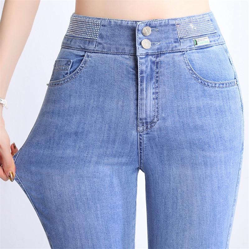 Womens Summer Front Slit Micro-Flare Ankle-Length Jeans High-Waisted High-End Pendant Straight Casual