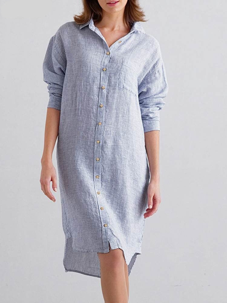 Women Elegant Stripe Shirt Dress Spring Lapel Neck Full Sleeve Dresses Casual Bohemian Sundress Work Robe