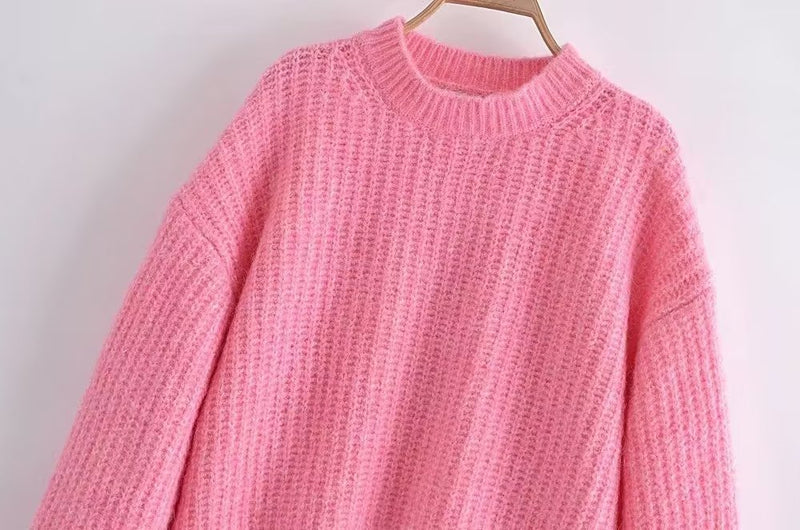 Pink O-neck Loose Knitwear Casual Sweaters Women