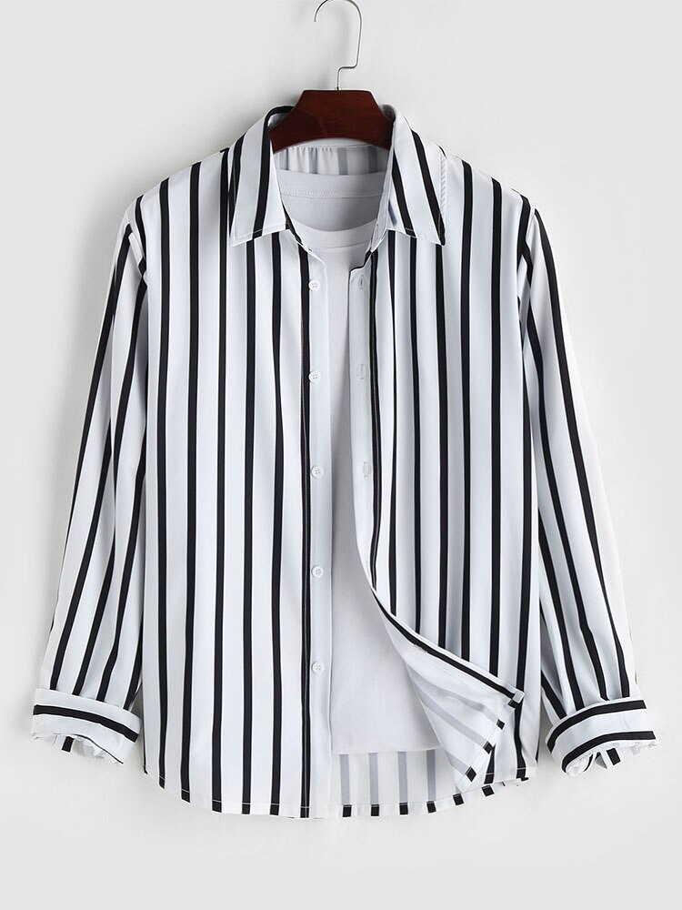 Men Long-Sleeved Shirt Black And White Vertical Stripes Lapel Daily Casual Regular Version Autumn New Blouse