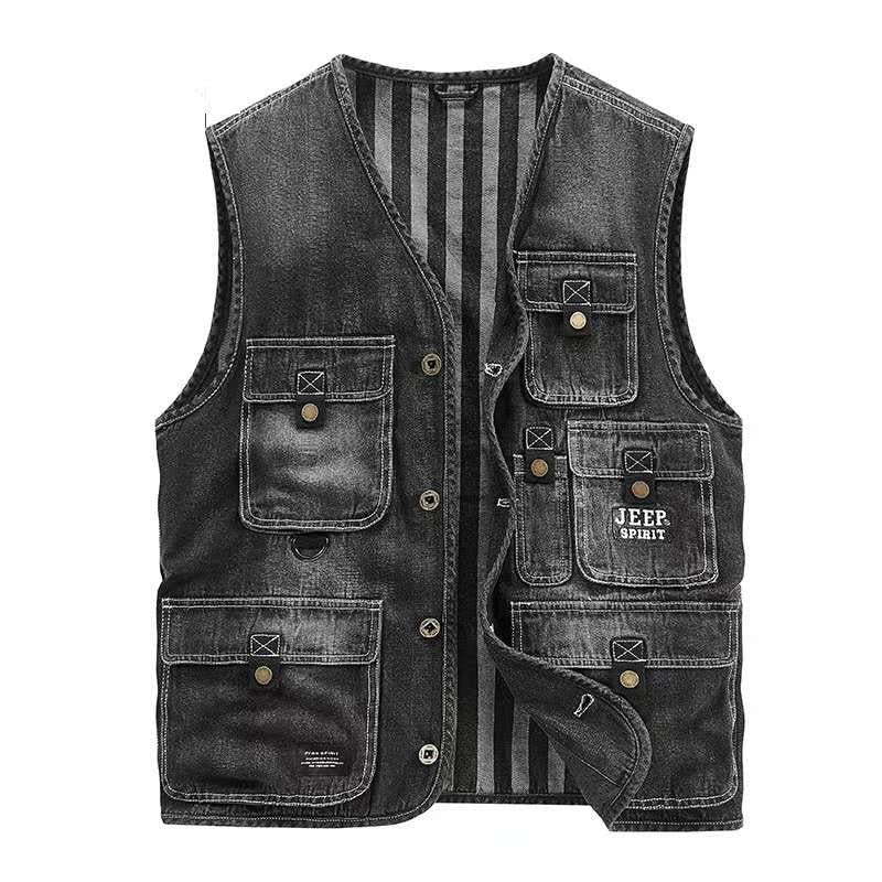 Denim Vest Jacket Men Clothing Casual Jean Black Coats Vests For Men Winter Multi-pocket Sleeveless Work Vest