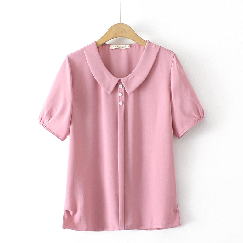 Shirt For Women Clothing Peter Pan Collar Ice Silk Puff Sleeve Curve  Tops Loose Blouses Summer