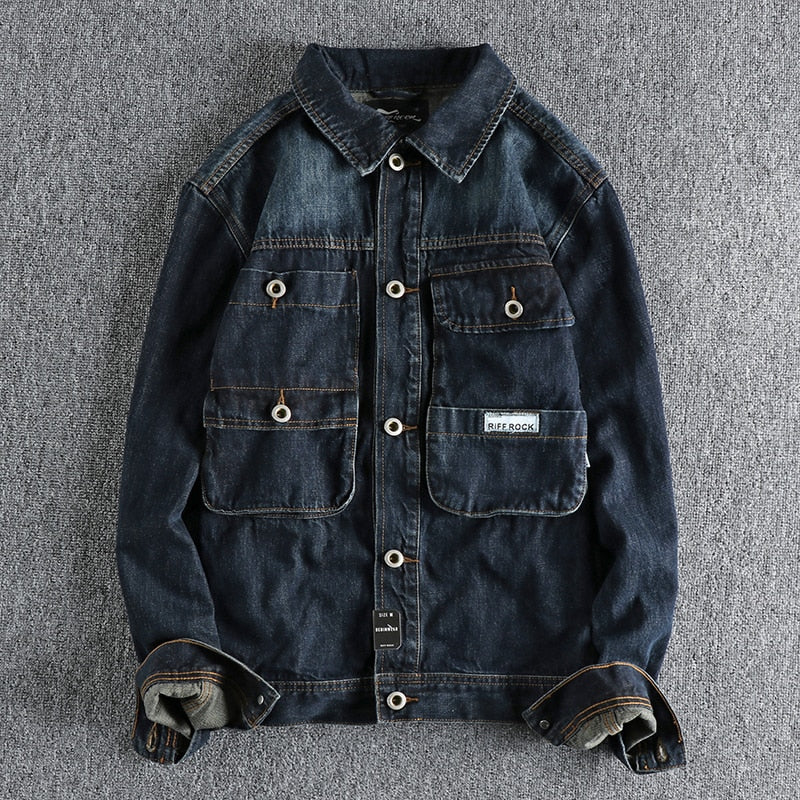 Denim jacket mens spring and autumn work clothes three-dimensional pocket youth cardigan coat