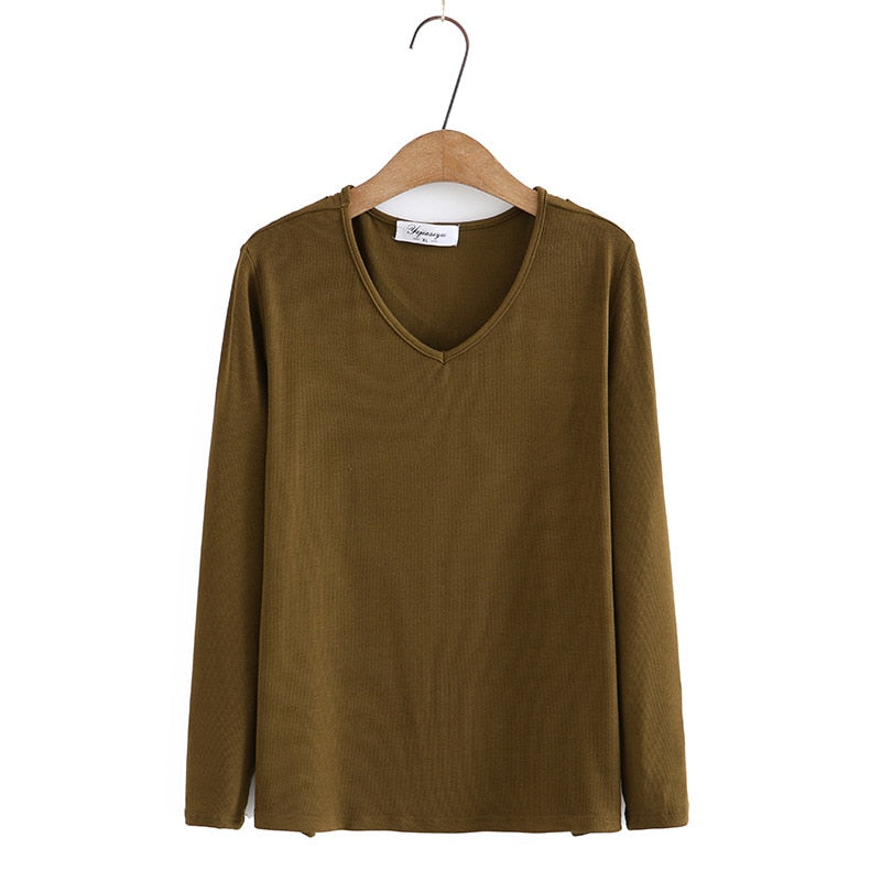 Long Sleeve T-shirt Women Clothing Solid Color V-Neck Bottoming Tops Autumn Loose Casual Basics Tees