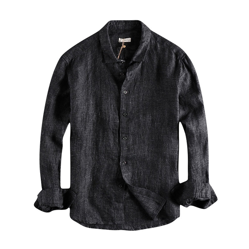 Men Linen Shirt Retro Distressed Long Sleeve Solid Dark Grey Gentlemen Loose