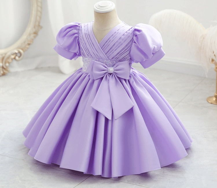 Kids Flower Girl Dress for Weddings Infant Bowknot Ruched Ball Gowns Baby Girls 1st Birthday Ceremonial Pageant Party