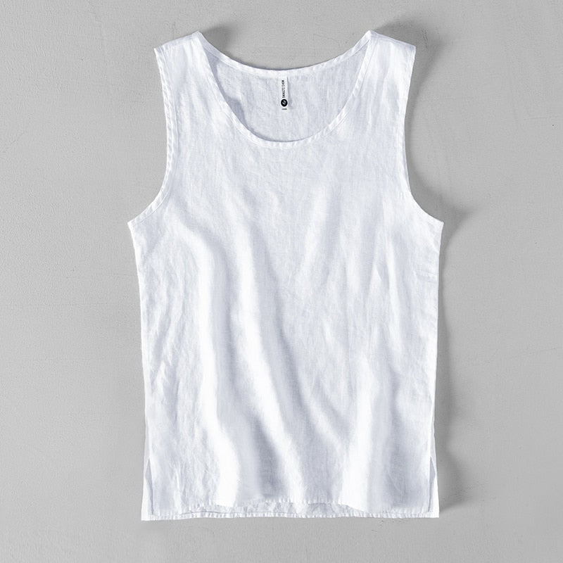 Pure Linen Sleeveless White Tank Top Men Summer Solid Breathable Vest Tees Casual Man Vests